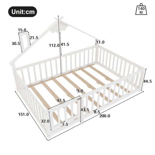 Cama infantil 140x190 cm - Com grade e fechadura, madeira de pinho - Branco