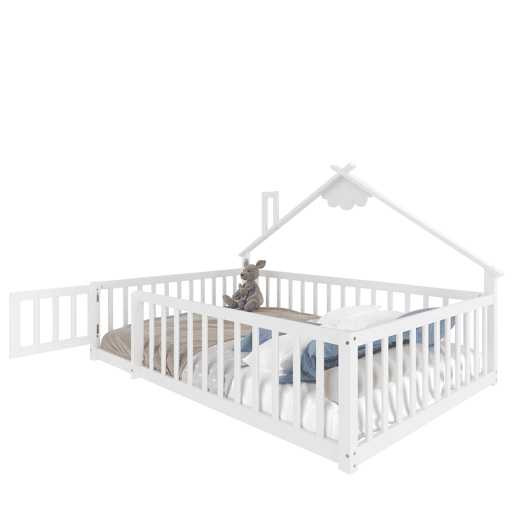 Cama infantil 140x190 cm - Com grade e fechadura, madeira de pinho - Branco