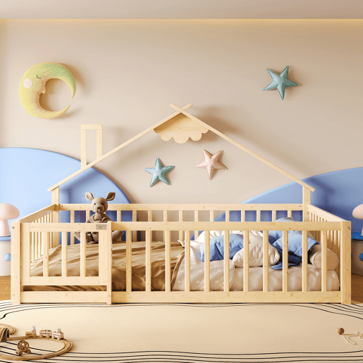 Cama infantil 140x190 cm - Barreira com fechadura, ripas - Madeira de pinho, natural Cama infantil 140x190 cm - Barreira com fechadura, ripas - Madeira de pinho, natural