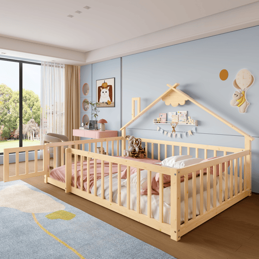 Cama infantil 140x190 cm - Barreira com fechadura, ripas - Madeira de pinho, natural Cama infantil 140x190 cm - Barreira com fechadura, ripas - Madeira de pinho, natural