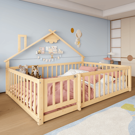 Cama infantil 140x190 cm - Barreira com fechadura, ripas - Madeira de pinho, natural Cama infantil 140x190 cm - Barreira com fechadura, ripas - Madeira de pinho, natural