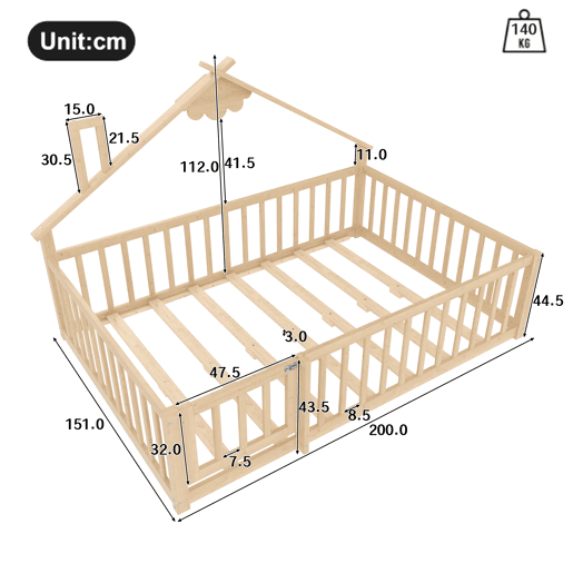 Cama infantil 140x190 cm - Barreira com fechadura, ripas - Madeira de pinho, natural Cama infantil 140x190 cm - Barreira com fechadura, ripas - Madeira de pinho, natural