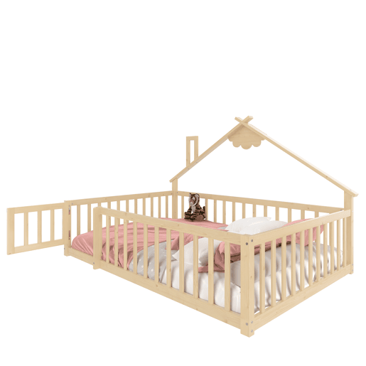 Cama infantil 140x190 cm - Barreira com fechadura, ripas - Madeira de pinho, natural Cama infantil 140x190 cm - Barreira com fechadura, ripas - Madeira de pinho, natural