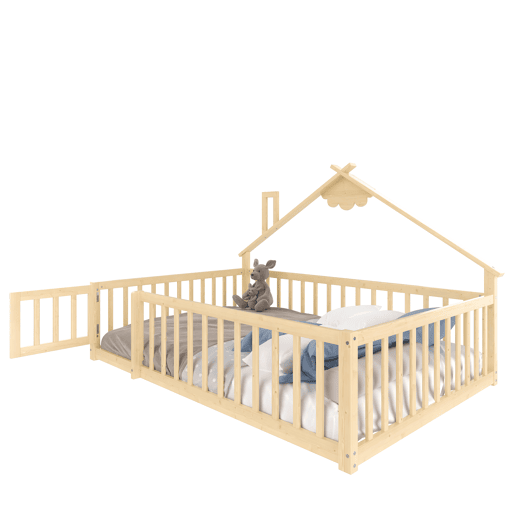 Cama infantil 140x190 cm - Barreira com fechadura, ripas - Madeira de pinho, natural Cama infantil 140x190 cm - Barreira com fechadura, ripas - Madeira de pinho, natural