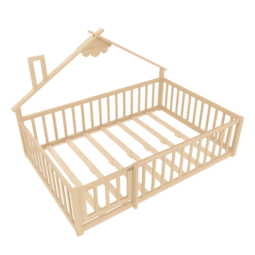 Cama infantil 140x190 cm - Barreira com fechadura, ripas - Madeira de pinho, natural Cama infantil 140x190 cm - Barreira com fechadura, ripas - Madeira de pinho, natural