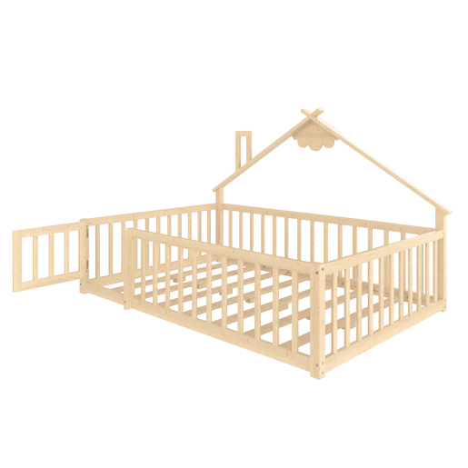 Cama infantil 140x190 cm - Barreira com fechadura, ripas - Madeira de pinho, natural Cama infantil 140x190 cm - Barreira com fechadura, ripas - Madeira de pinho, natural