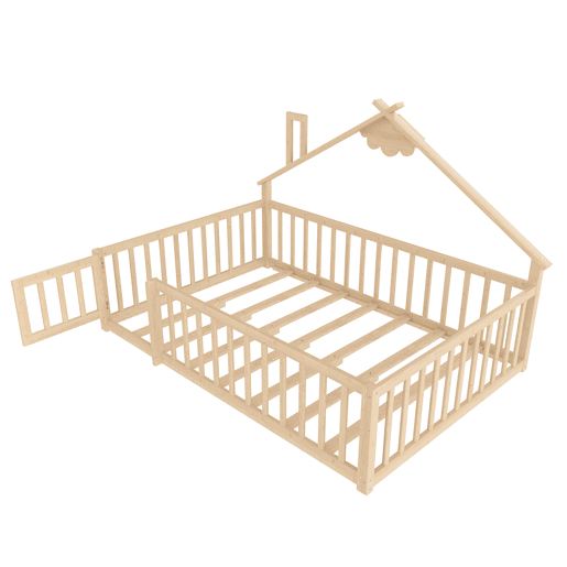Cama infantil 140x190 cm - Barreira com fechadura, ripas - Madeira de pinho, natural Cama infantil 140x190 cm - Barreira com fechadura, ripas - Madeira de pinho, natural