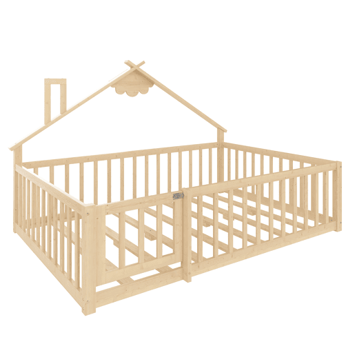 Cama infantil 140x190 cm - Barreira com fechadura, ripas - Madeira de pinho, natural Cama infantil 140x190 cm - Barreira com fechadura, ripas - Madeira de pinho, natural