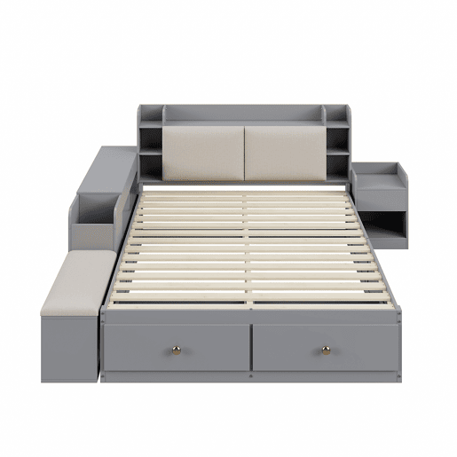 Cama combinada em madeira maciça 140x200 cm - Cabeceira com compartimento de arrumação, com gavetas, com mesa de cabeceira, com armário de arrumação, com banco sofá, cama com arrumação, cama tatami - Cinza
