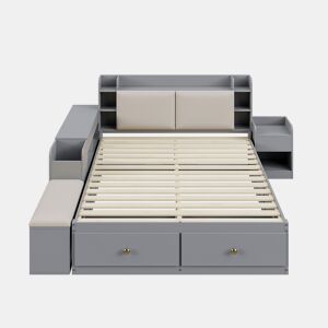 Cama combinada em madeira maciça 140x200 cm - Cabeceira com compartimento de arrumação, com gavetas, com mesa de cabeceira, com armário de arrumação, com banco sofá, cama com arrumação, cama tatami - Cinza