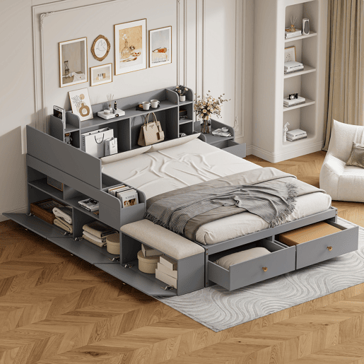 Cama combinada em madeira maciça 140x200 cm - Cabeceira com compartimento de arrumação, com gavetas, com mesa de cabeceira, com armário de arrumação, com banco sofá, cama com arrumação, cama tatami - Cinza