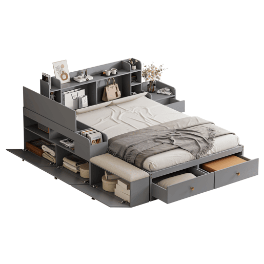 Cama combinada em madeira maciça 140x200 cm - Cabeceira com compartimento de arrumação, com gavetas, com mesa de cabeceira, com armário de arrumação, com banco sofá, cama com arrumação, cama tatami - Cinza