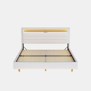 Cama estofada 140x200 cm - com porta USB e luz LED, cabeceira reversível, pé oculto, cama de casal, cama juvenil, cama para adultos - Bege