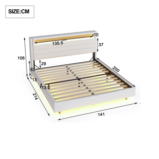 Cama estofada 140x200 cm - com porta USB e luz LED, cabeceira reversível, pé oculto, cama de casal, cama juvenil, cama para adultos - Bege