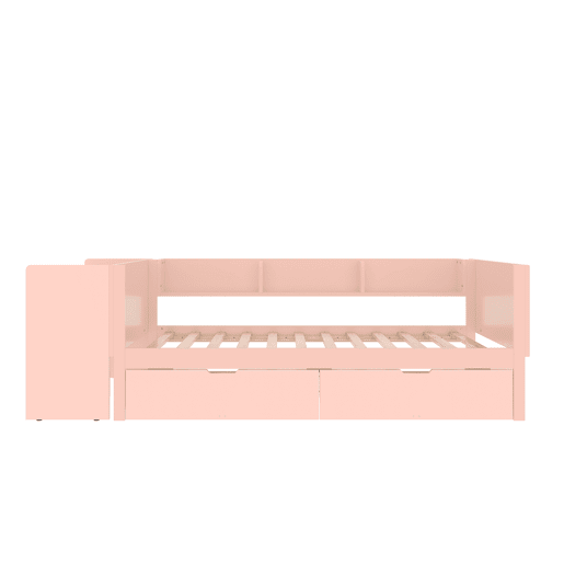 Cama individual 90x200cm - com secretária, 2 gavetas, prateleiras, madeira de pinho + MDF - Rosa