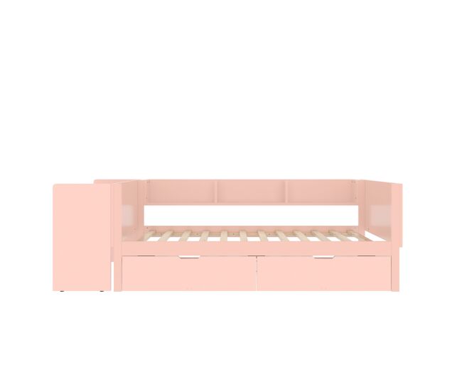 Cama individual 90x200cm - con escritorio, 2 cajones, estantes, madera de pino + mdf - rosa