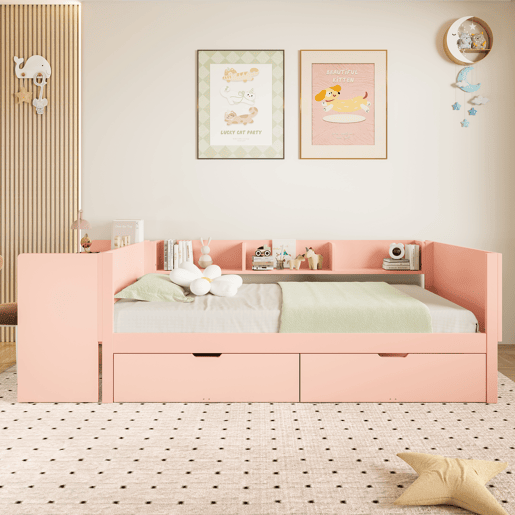 Cama individual 90x200cm - com secretária, 2 gavetas, prateleiras, madeira de pinho + MDF - Rosa