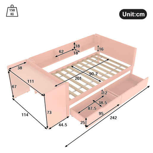 Cama individual 90x200cm - com secretária, 2 gavetas, prateleiras, madeira de pinho + MDF - Rosa