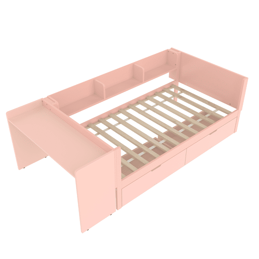 Cama individual 90x200cm - com secretária, 2 gavetas, prateleiras, madeira de pinho + MDF - Rosa