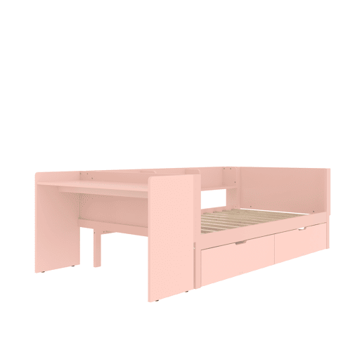Cama individual 90x200cm - com secretária, 2 gavetas, prateleiras, madeira de pinho + MDF - Rosa