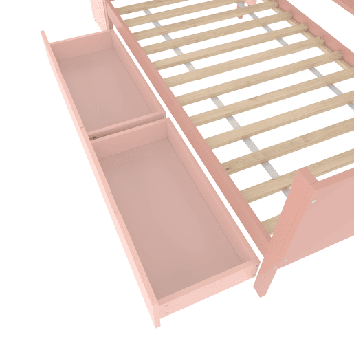Cama individual 90x200cm - com secretária, 2 gavetas, prateleiras, madeira de pinho + MDF - Rosa