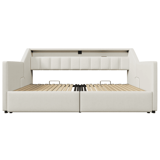 Sofá-cama, 90 x 200 cm - Com USB e Type-C, faixa LED com controle remoto, 2 gavetas, bolsos de armazenamento, cama extensível multifuncional - Bege