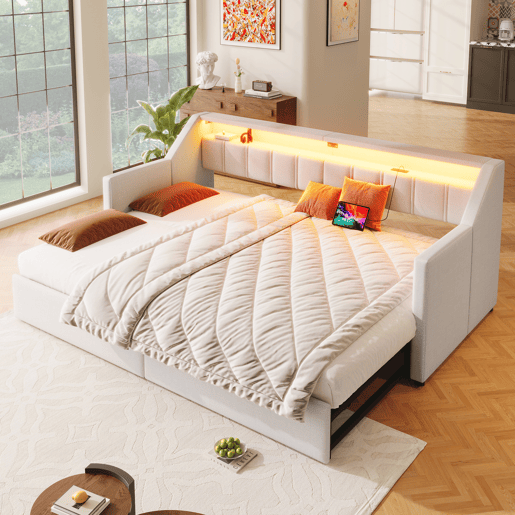 Sofá-cama, 90 x 200 cm - Com USB e Type-C, faixa LED com controle remoto, 2 gavetas, bolsos de armazenamento, cama extensível multifuncional - Bege