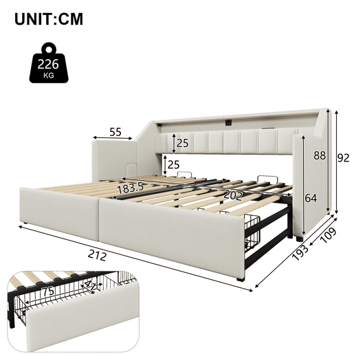 Sofá-cama, 90 x 200 cm - Com USB e Type-C, faixa LED com controle remoto, 2 gavetas, bolsos de armazenamento, cama extensível multifuncional - Bege