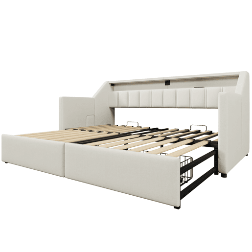Sofá-cama, 90 x 200 cm - Com USB e Type-C, faixa LED com controle remoto, 2 gavetas, bolsos de armazenamento, cama extensível multifuncional - Bege
