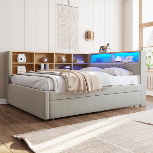 Sofá-cama 140x200 - Cama extensível 90x190, com luzes LED, tomadas e compartimentos de arrumação, sofá multifuncional, cama individual, flanela, cinzento claro.