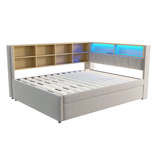 Sofá-cama 140x200 - Cama extensível 90x190, com luzes LED, tomadas e compartimentos de arrumação, sofá multifuncional, cama individual, flanela, cinzento claro.