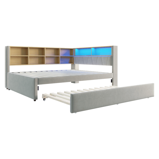 Sofá-cama 140x200 - Cama extensível 90x190, com luzes LED, tomadas e compartimentos de arrumação, sofá multifuncional, cama individual, flanela, cinzento claro.