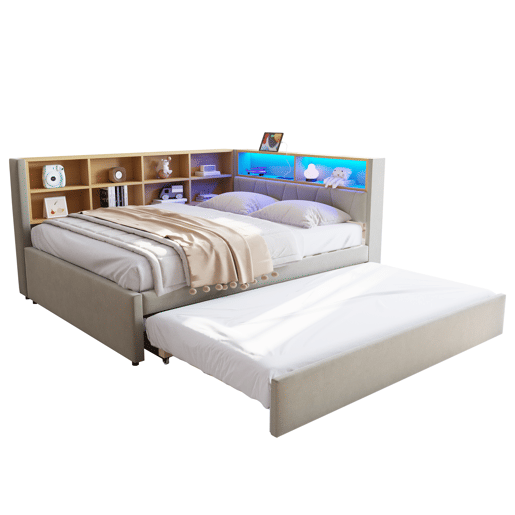 Sofá-cama 140x200 - Cama extensível 90x190, com luzes LED, tomadas e compartimentos de arrumação, sofá multifuncional, cama individual, flanela, cinzento claro.