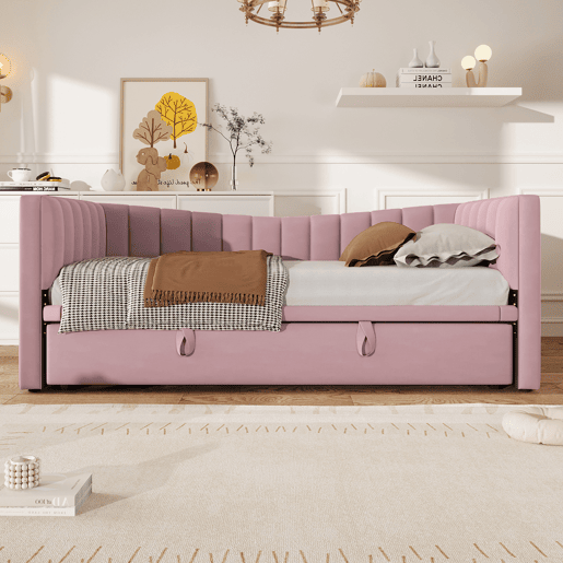 Sofá-cama, 90 x 200 cm (180 x 200 cm) - Cama individual, cama de casal, com cama extraível, estilo minimalista, Rosa