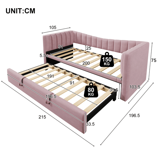 Sofá-cama, 90 x 200 cm (180 x 200 cm) - Cama individual, cama de casal, com cama extraível, estilo minimalista, Rosa
