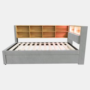 Sofá-cama 90x200 - Cama extensível 90x190, com luzes LED, tomadas e compartimentos de arrumação - Cinza claro