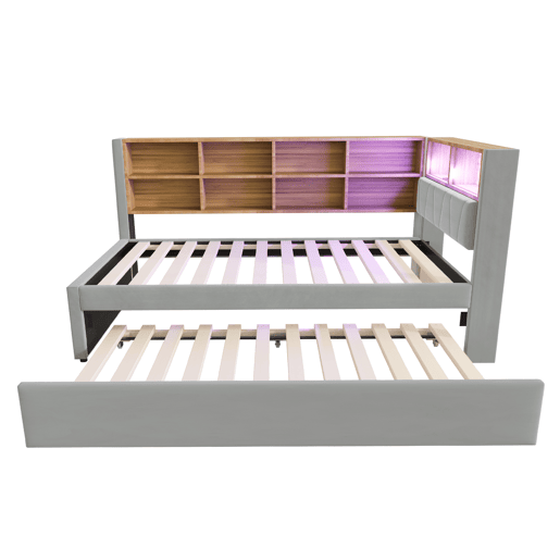 Sofá-cama 90x200 - Cama extensível 90x190, com luzes LED, tomadas e compartimentos de arrumação - Cinza claro