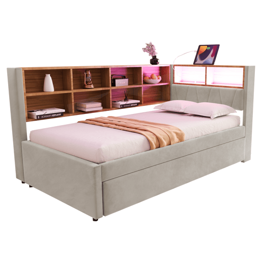 Sofá-cama 90x200 - Cama extensível 90x190, com luzes LED, tomadas e compartimentos de arrumação - Cinza claro