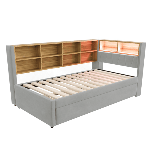 Sofá-cama 90x200 - Cama extensível 90x190, com luzes LED, tomadas e compartimentos de arrumação - Cinza claro