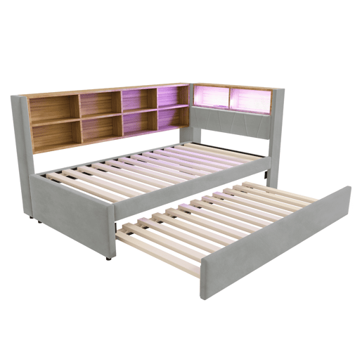 Sofá-cama 90x200 - Cama extensível 90x190, com luzes LED, tomadas e compartimentos de arrumação - Cinza claro
