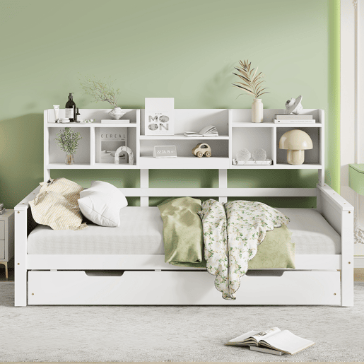 Sofá-cama extensível 90200 cm - Com cama extraível 90190 cm, com compartimento de arrumação e estrado, cama multifuncional em pinho, cama individual, Branco