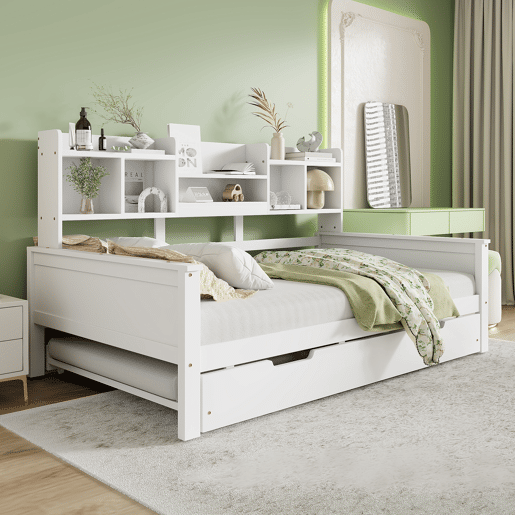 Sofá-cama extensível 90200 cm - Com cama extraível 90190 cm, com compartimento de arrumação e estrado, cama multifuncional em pinho, cama individual, Branco