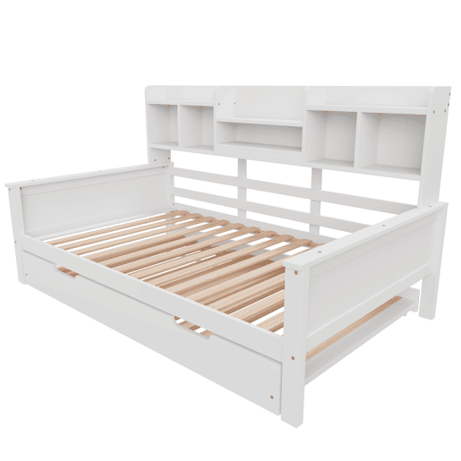 Sofá-cama extensível 90200 cm - Com cama extraível 90190 cm, com compartimento de arrumação e estrado, cama multifuncional em pinho, cama individual, Branco