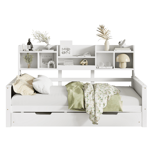 Sofá-cama extensível 90200 cm - Com cama extraível 90190 cm, com compartimento de arrumação e estrado, cama multifuncional em pinho, cama individual, Branco
