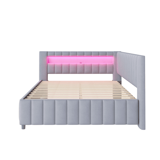 Sofá-cama 140x200 - Polsterbett com luz LED, porta USB, encosto e cabeceira - Cinza