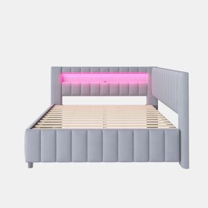 Sofá-cama 140x200 - Polsterbett com luz LED, porta USB, encosto e cabeceira - Cinza