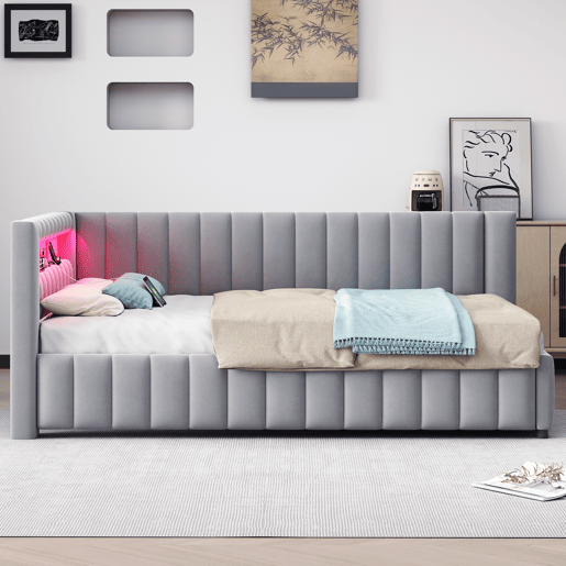 Sofá-cama 140x200 - Polsterbett com luz LED, porta USB, encosto e cabeceira - Cinza