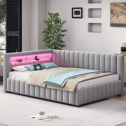 Sofá-cama 140x200 - Polsterbett com luz LED, porta USB, encosto e cabeceira - Cinza
