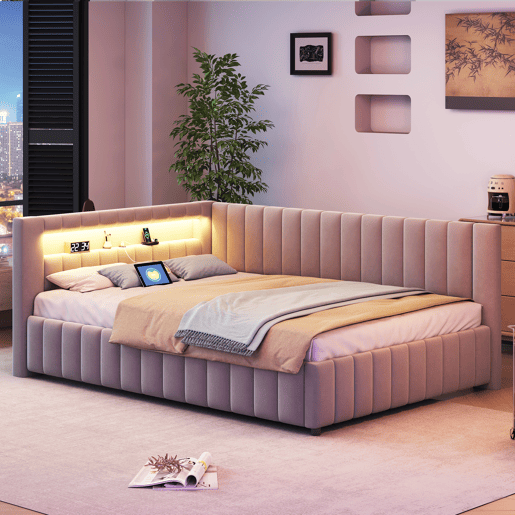 Sofá-cama 140x200 - Polsterbett com luz LED, porta USB, encosto e cabeceira - Cinza