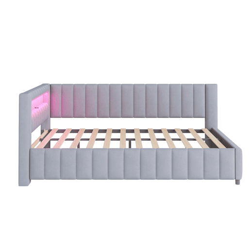 Sofá-cama 140x200 - Polsterbett com luz LED, porta USB, encosto e cabeceira - Cinza